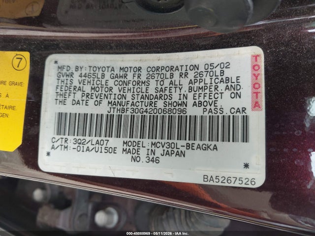 Продаж на аукціоні авто 2002 Lexus Es 300, vin: JTHBF30G420068096, номер лоту: 45088969