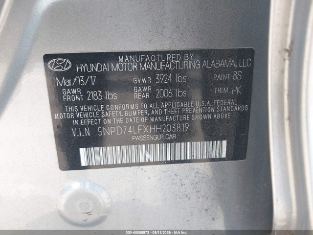 5NPD74LFXHH203819 Hyundai ELANTRA SE