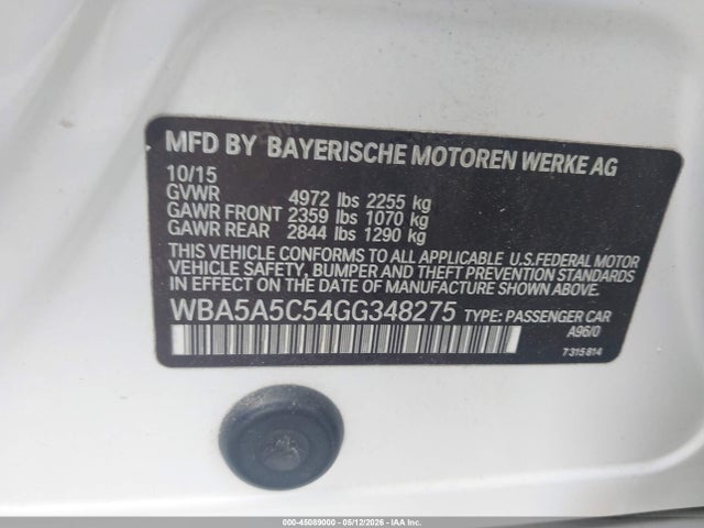 2016 Bmw 528i მანქანა იყიდება აუქციონზე, vin: WBA5A5C54GG348275, აუქციონის ნომერი: 45089000