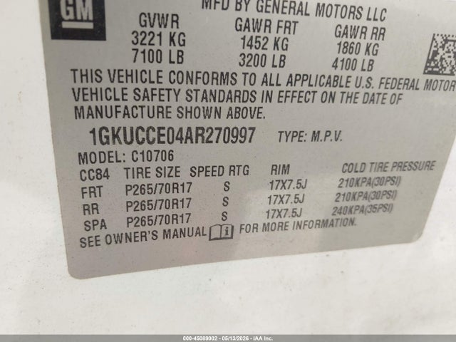 45089002 :رقم المزاد ، 1GKUCCE04AR270997 vin ، 2010 Gmc Yukon Slt مزاد بيع
