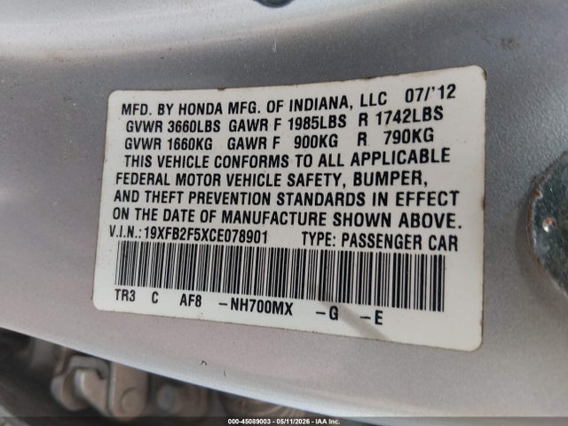 45089003 :رقم المزاد ، 19XFB2F5XCE078901 vin ، 2012 Honda Civic Lx مزاد بيع