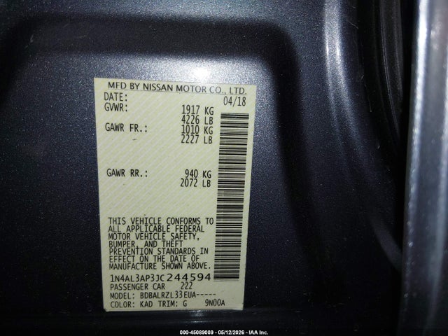 Aukcja sprzedaży 2018 Nissan Altima 2.5 Sl, vin: 1N4AL3AP3JC244594, numer aukcji: 45089009
