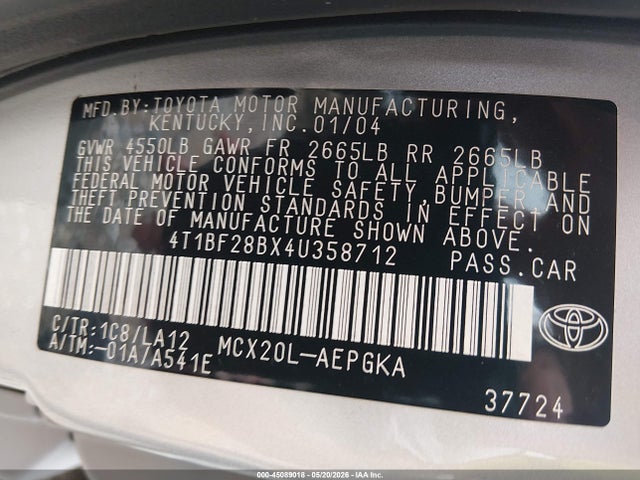 Aukcja sprzedaży 2004 Toyota Avalon Xls, vin: 4T1BF28BX4U358712, numer aukcji: 45089018