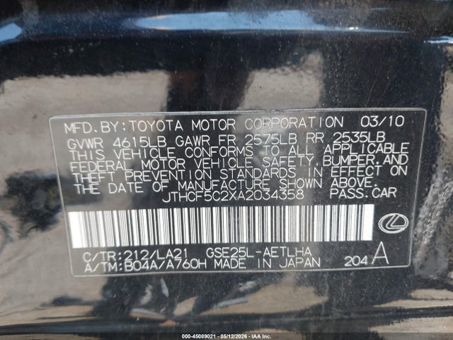 Aukcja sprzedaży 2010 Lexus Is 250, vin: JTHCF5C2XA2034358, numer aukcji: 45089021