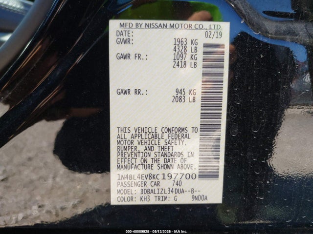 Aukcja sprzedaży 2019 Nissan Altima 2.5 Sl, vin: 1N4BL4EV8KC197700, numer aukcji: 45089025