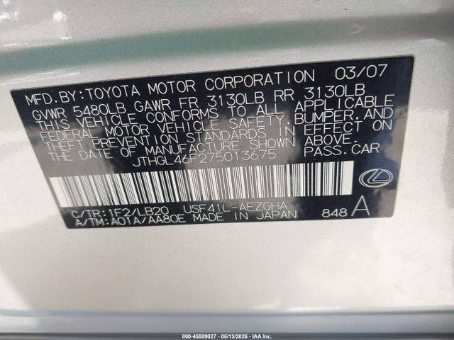 Aukcja sprzedaży 2007 Lexus Ls 460 L, vin: JTHGL46F275013675, numer aukcji: 45089027