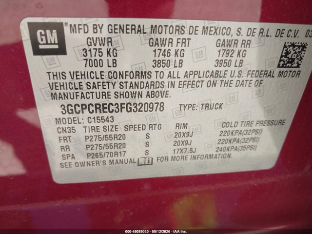 2015 Chevrolet Silverado 1500 1lt მანქანა იყიდება აუქციონზე, vin: 3GCPCREC3FG320978, აუქციონის ნომერი: 45089030