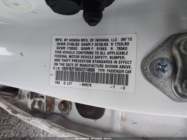 Aukcja sprzedaży 2013 Honda Civic Lx, vin: 19XFB2F58DE274806, numer aukcji: 45089036