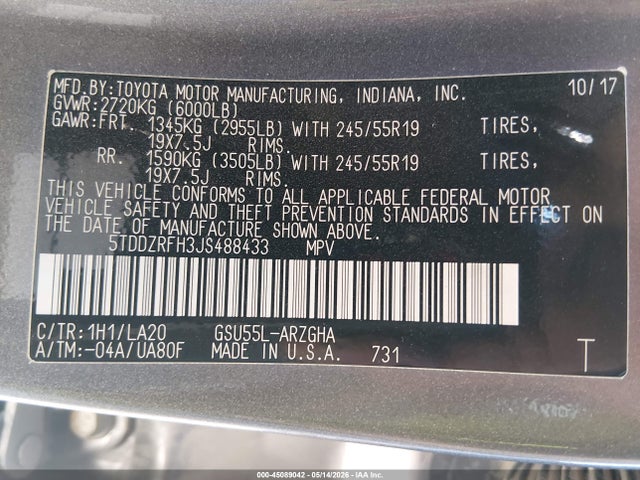 2018 Toyota Highlander Limited Platinum მანქანა იყიდება აუქციონზე, vin: 5TDDZRFH3JS488433, აუქციონის ნომერი: 45089042