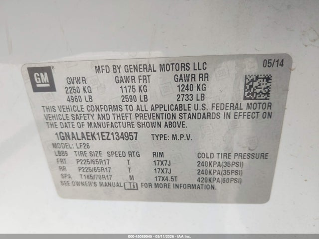 45089045 :رقم المزاد ، 1GNALAEK1EZ134957 vin ، 2014 Chevrolet Equinox Ls مزاد بيع