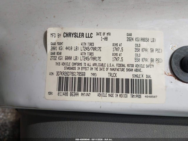 Aukcja sprzedaży 2008 Dodge Ram 2500 St/sxt, vin: 3D7KR26D78G178568, numer aukcji: 45089046