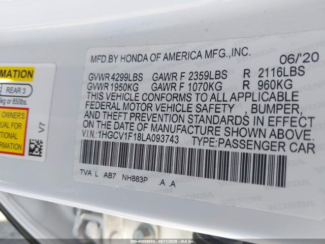 Продажа на аукционе авто 2020 Honda Accord Lx, vin: 1HGCV1F18LA093743, номер лота: 45089055