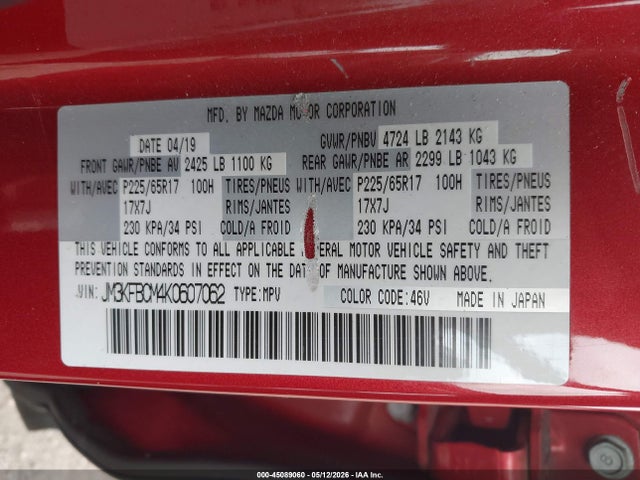 45089060 :رقم المزاد ، JM3KFBCM4K0607062 vin ، 2019 Mazda Cx-5 Touring مزاد بيع
