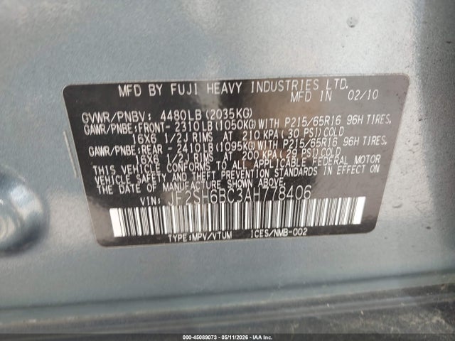 2010 Subaru Forester 2.5x მანქანა იყიდება აუქციონზე, vin: JF2SH6BC3AH778406, აუქციონის ნომერი: 45089073