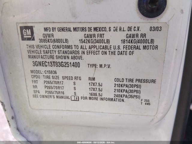 45089086 :رقم المزاد ، 3GNEC13T83G251400 vin ، 2003 Chevrolet Avalanche 1500 مزاد بيع