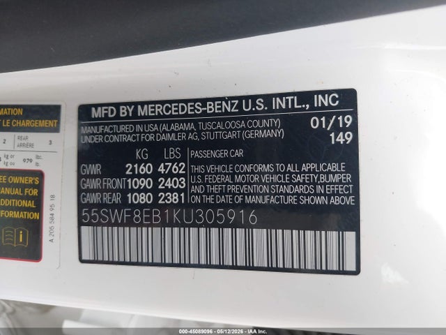Aukcja sprzedaży 2019 Mercedes-benz C 300 4matic, vin: 55SWF8EB1KU305916, numer aukcji: 45089096