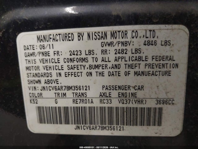Продаж на аукціоні авто 2011 Infiniti G37x, vin: JN1CV6AR7BM356121, номер лоту: 45089101