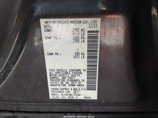 Продаж на аукціоні авто 2016 Nissan Altima 3.5 Sl/3.5 Sr, vin: 1N4BL3AP9GC136123, номер лоту: 45089123