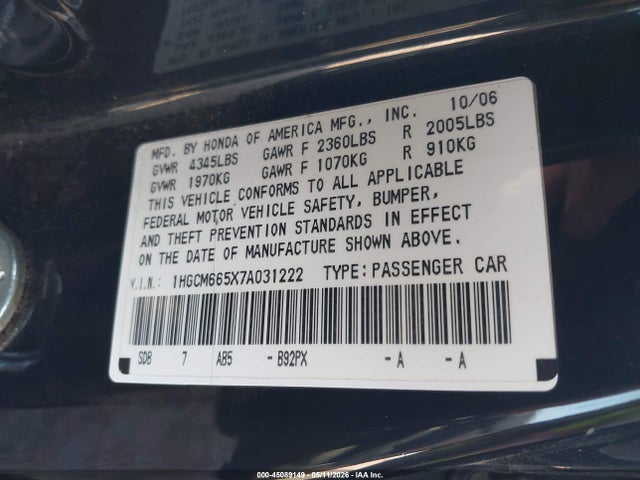 Продажа на аукционе авто 2007 Honda Accord 3.0 Ex, vin: 1HGCM665X7A031222, номер лота: 45089149