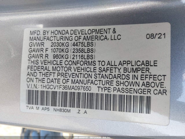 1HGCV1F36MA097650 Honda Accord Sport