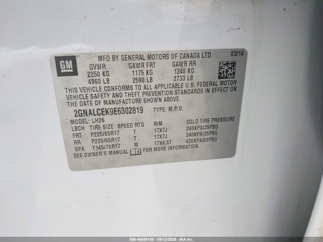 Aukcja sprzedaży 2014 Chevrolet Equinox 2lt, vin: 2GNALCEK9E6302819, numer aukcji: 45089155