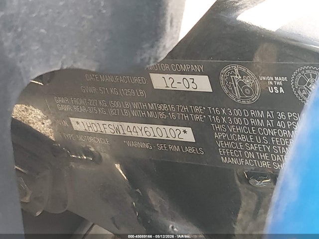 45089166 :رقم المزاد ، 1HD1FSW144Y610102 vin ، 2004 Harley-davidson Fltri مزاد بيع