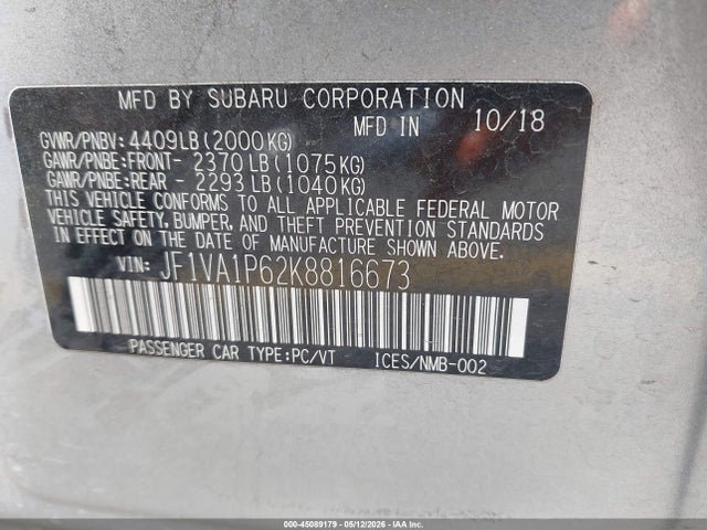 Aukcja sprzedaży 2019 Subaru Wrx Limited, vin: JF1VA1P62K8816673, numer aukcji: 45089179