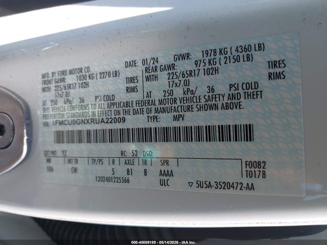 Продажа на аукционе авто 2024 Ford Escape Active, vin: 1FMCU0GNXRUA22009, номер лота: 45089189