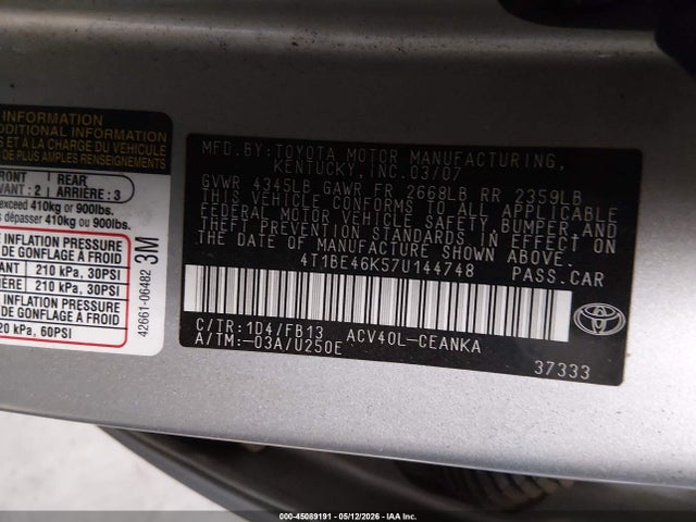 Aukcja sprzedaży 2007 Toyota Camry Le, vin: 4T1BE46K57U144748, numer aukcji: 45089191