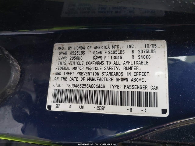 2006 Acura Tl მანქანა იყიდება აუქციონზე, vin: 19UUA66256A004446, აუქციონის ნომერი: 45089197