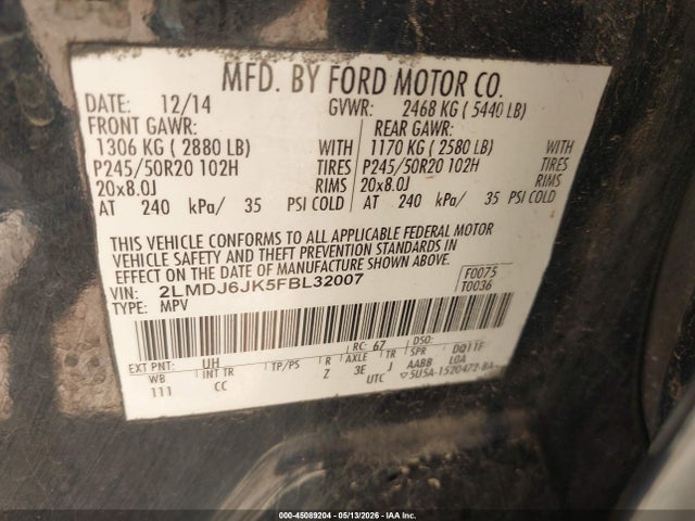 45089204 :رقم المزاد ، 2LMDJ6JK5FBL32007 vin ، 2015 Lincoln Mkx مزاد بيع