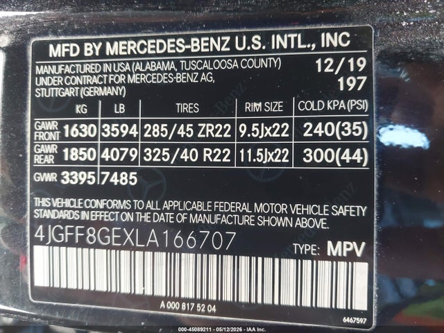 Aukcja sprzedaży 2020 Mercedes-benz Gls 580 4matic, vin: 4JGFF8GEXLA166707, numer aukcji: 45089211