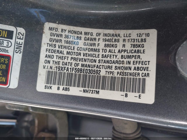 Продажа на аукционе авто 2011 Honda Civic Lx, vin: 19XFA1F59BE030592, номер лота: 45089212