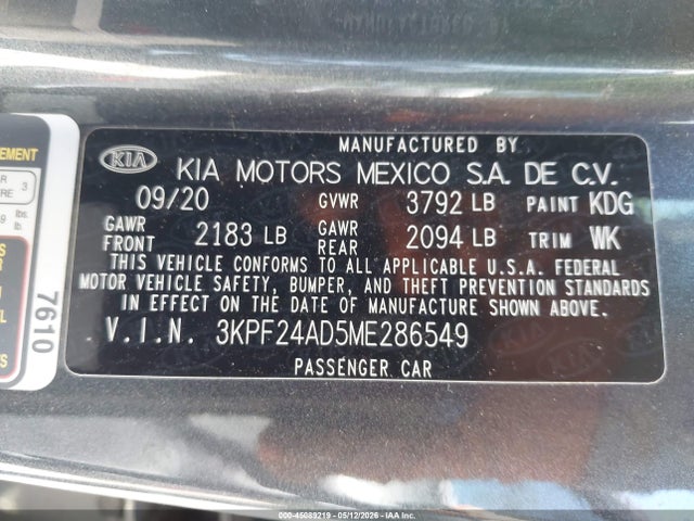 2021 Kia Forte Lxs მანქანა იყიდება აუქციონზე, vin: 3KPF24AD5ME286549, აუქციონის ნომერი: 45089219