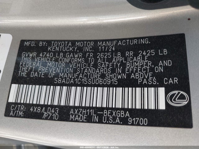 2025 Lexus Es 300h მანქანა იყიდება აუქციონზე, vin: 58ADA1C15SU060915, აუქციონის ნომერი: 45089231