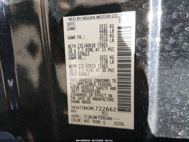 5N1AT3BA1MC722662 Nissan Rogue Sv Fwd