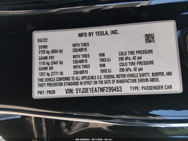 Tesla Model 3 Rear-wheel Drive 2022 5YJ3E1EA7NF299453 Image 9