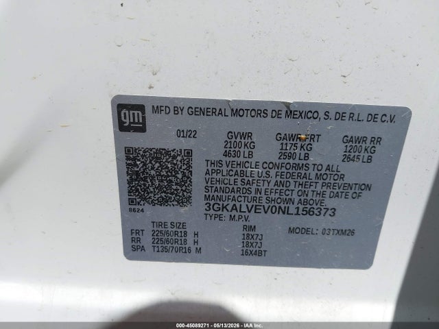 45089271 :رقم المزاد ، 3GKALVEV0NL156373 vin ، 2022 Gmc Terrain Awd Slt مزاد بيع
