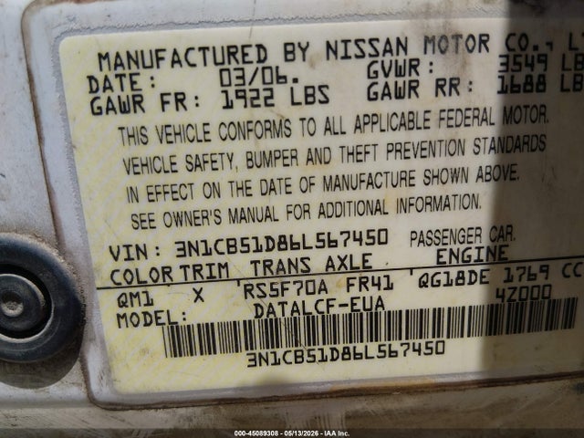 45089308 :رقم المزاد ، 3N1CB51D86L567450 vin ، 2006 Nissan Sentra 1.8 مزاد بيع