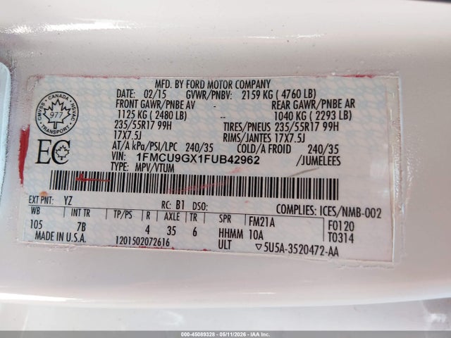 45089328 :رقم المزاد ، 1FMCU9GX1FUB42962 vin ، 2015 Ford Escape Se مزاد بيع