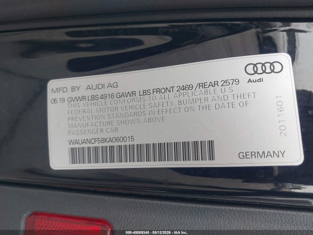 2019 Audi A5 45 Premium მანქანა იყიდება აუქციონზე, vin: WAUANCF58KA060015, აუქციონის ნომერი: 45089348