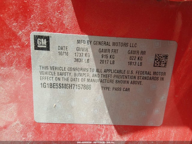 45089359 :رقم المزاد ، 1G1BE5SM6H7157888 vin ، 2017 Chevrolet Cruze Lt Auto مزاد بيع