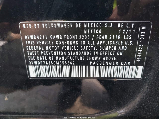 45089365 :رقم المزاد ، 3VWDP7AJ5CM355662 vin ، 2012 Volkswagen Jetta 2.5l Se مزاد بيع