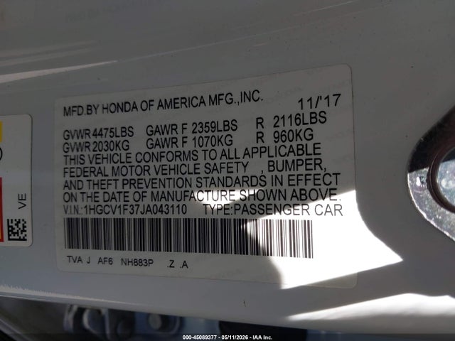 1HGCV1F37JA043110 Honda Accord Sport
