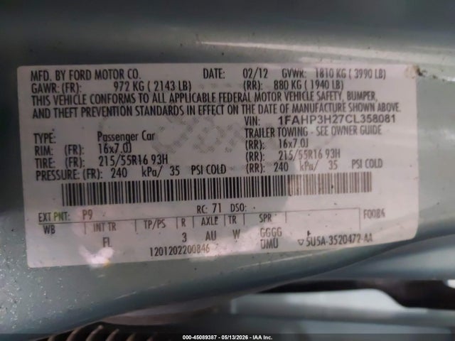 2012 Ford Focus Sel მანქანა იყიდება აუქციონზე, vin: 1FAHP3H27CL358081, აუქციონის ნომერი: 45089387