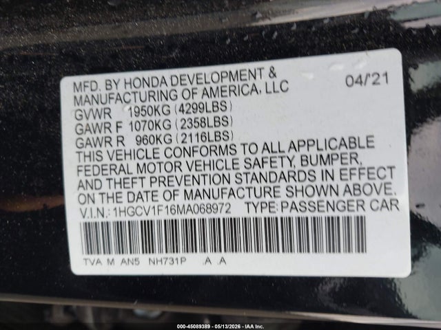 Aukcja sprzedaży 2021 Honda Accord Lx, vin: 1HGCV1F16MA068972, numer aukcji: 45089389