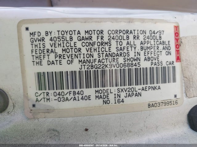 1997 Toyota Camry Le მანქანა იყიდება აუქციონზე, vin: JT2BG22K9V0068845, აუქციონის ნომერი: 45089397