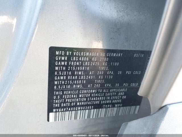 WVGAV7AX5GW603653 Volkswagen TIGUAN S