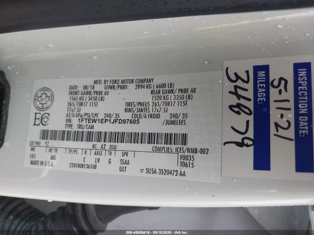Aukcja sprzedaży 2018 Ford F-150 Lariat/xl/xlt, vin: 1FTEW1EP1JFD97605, numer aukcji: 45089416
