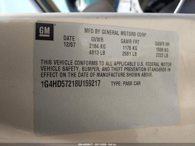Продажа на аукционе авто 2008 Buick Lucerne Cxl, vin: 1G4HD57218U159217, номер лота: 45089417
